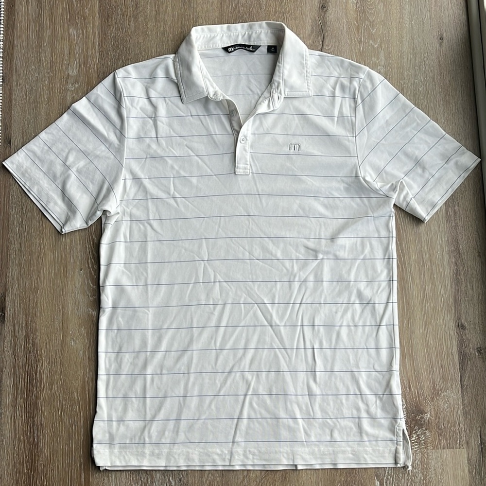 Travis Mathew white and blue striped polo Size M